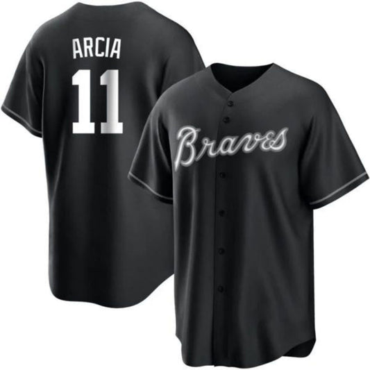 A.Braves #11 Orlando Arcia Player Black Replica Stitches Baseball Jerseys