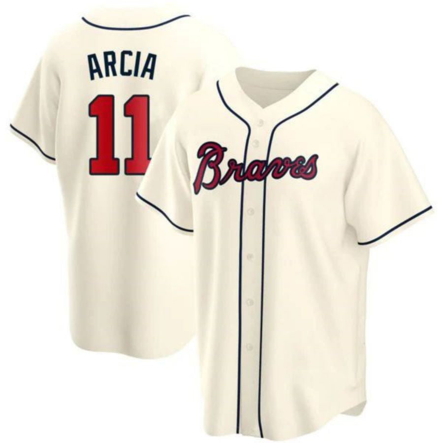 A.Braves #11 Orlando Arcia Player Cream Replica Stitches Baseball Jerseys