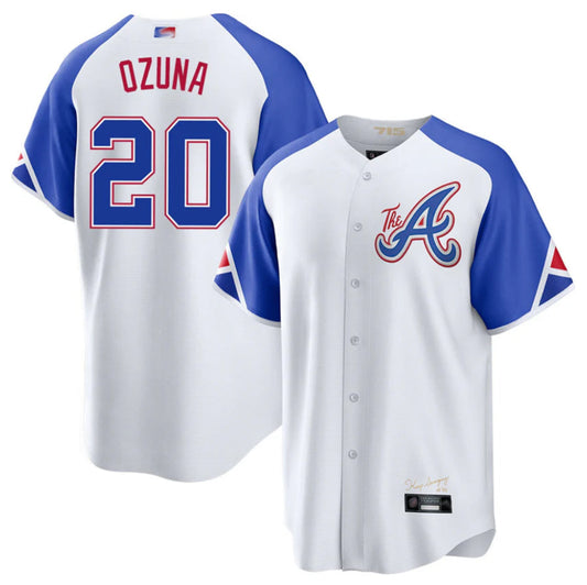 A.Braves #20 Marcell Ozuna Player White-Blue City Connect Limited Baseball Jerseys