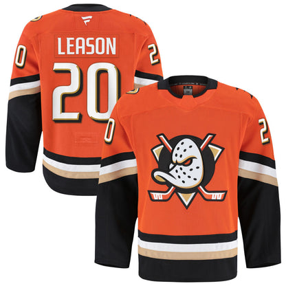 A.Ducks #20 Brett Leason Player Fanatics Home Premier Breakaway Orange Hockey Jerseys