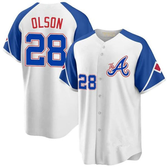 A.Braves #28 Matt Olson Player White Cool Base Jersey Stitches Baseball Jerseys
