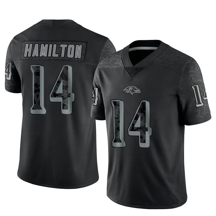 B.Ravens #14 Kyle Hamilton Player Black REFLECTIVE Limited Football Jerseys