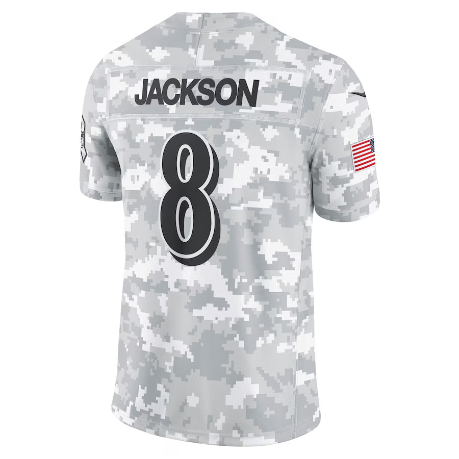 B.Ravens #8 Lamar Jackson Player Arctic Camo Salute to Service Limited Football Jerseys