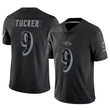 B.Ravens #9 Justin Tucker Player RFLCTV Limited Black Football Jerseys
