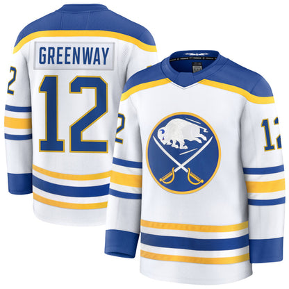 B.Sabres #12 Jordan Greenway Player Fanatics Home Premium White Hockey Jerseys