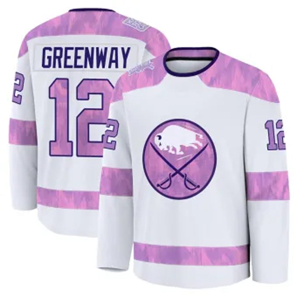 B.Sabres #12 Jordan Greenway Player Fanatics White Fights Cancer Practice Hockey Jerseys