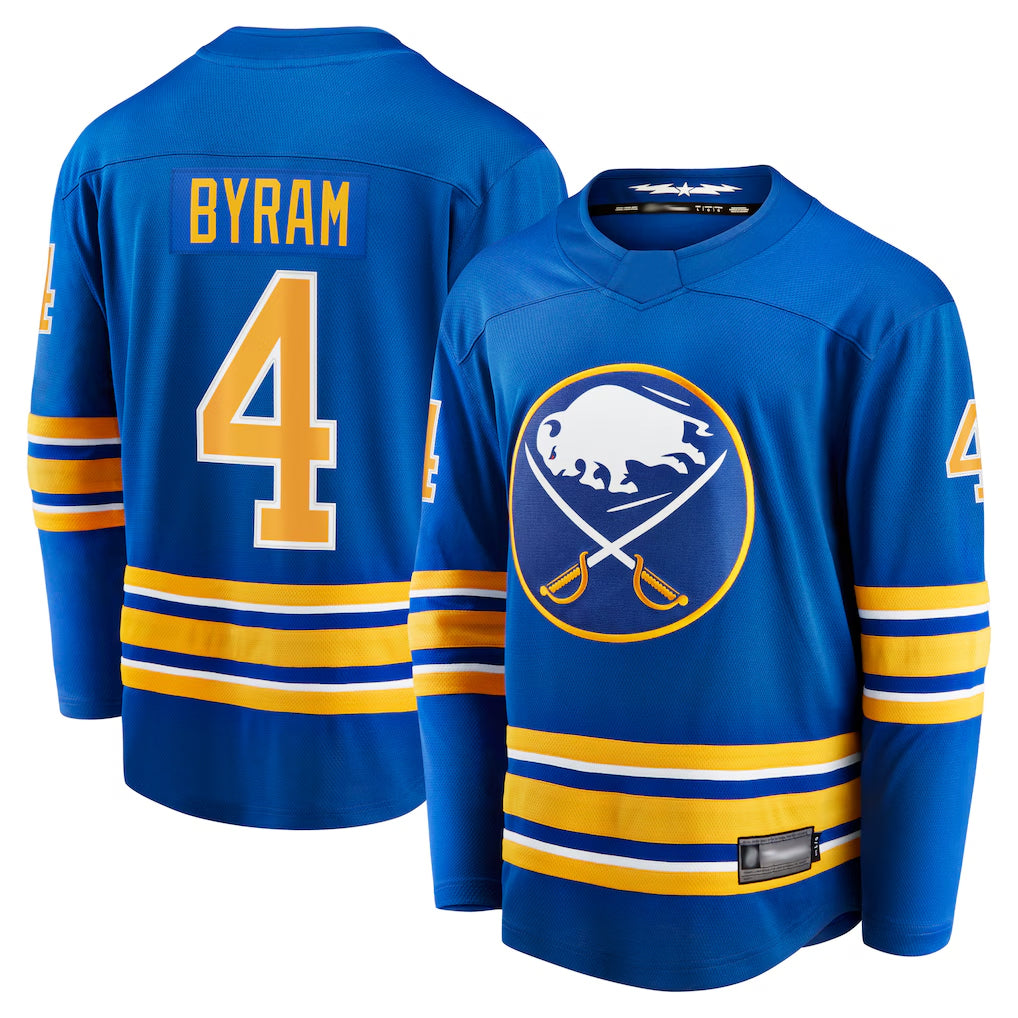 B.Sabres #4 Bowen Byram Player Fanatics Home Breakaway Royal Hockey Jerseys