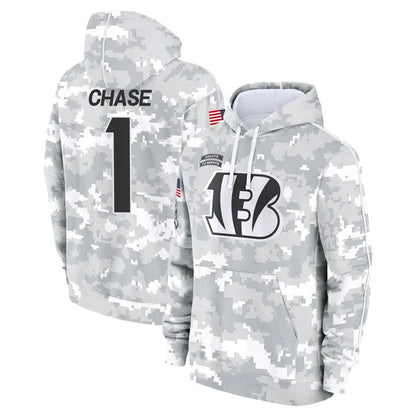 C.Bengals #1 Ja'Marr Chase Player Arctic Camo Salute to Service Pullover Hoodie Football Jerseys