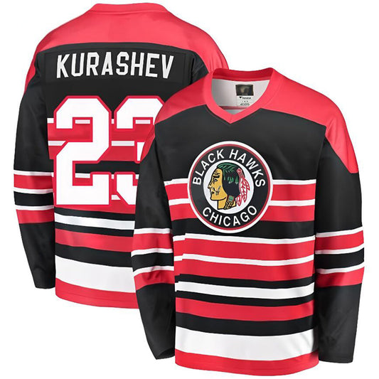 C.Blackhawks #23 Philipp Kurashev Player Fanatics Reverse Retro Black-Red Hockey Jerseys