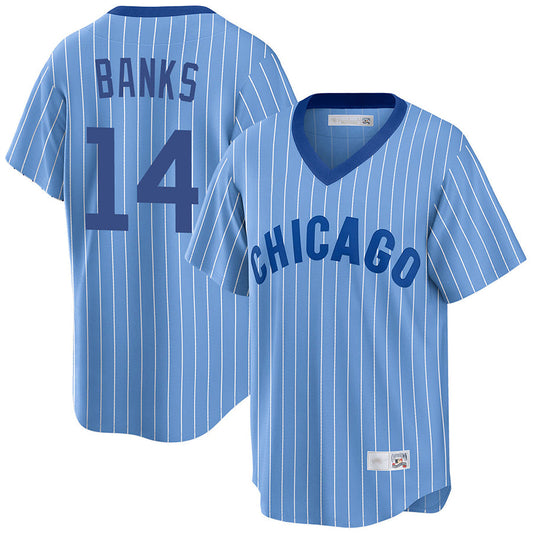 C.Cubs #14 Ernie Banks Player Light Blue Cooperstown Baseball Jerseys