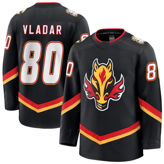 C.Flames #80 Daniel Vladar Player Fanatics Premium Black Hockey Jerseys