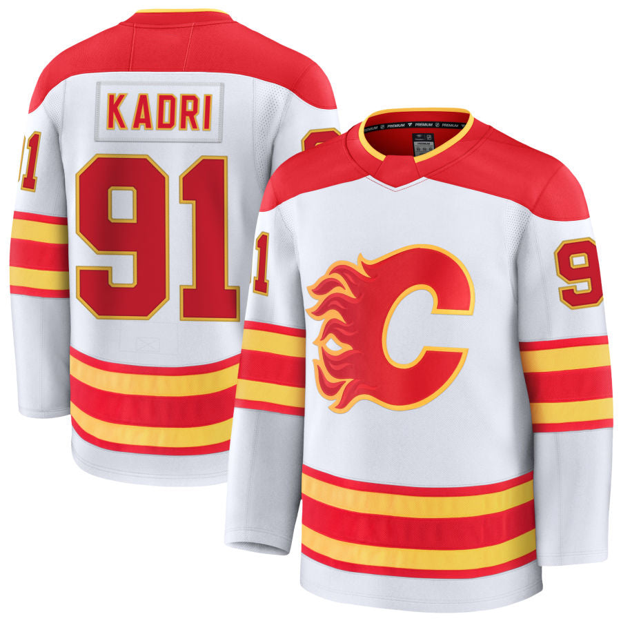 C.Flames #91 Nazem Kadri Player Fanatics Away Premium White Hockey Jerseys