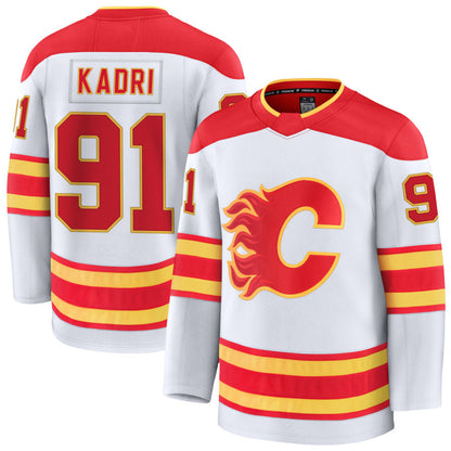 C.Flames #91 Nazem Kadri Player Fanatics Away Premium White Hockey Jerseys