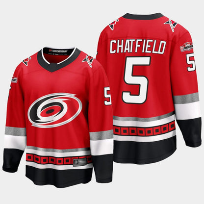 C.Hurricanes #5 Jalen Chatfield Player Fanatics 25th Anniversary Premier Red Hockey Jerseys