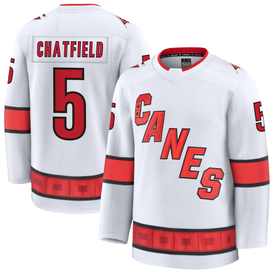 C.Hurricanes #5 Jalen Chatfield Player Fanatics Away Premium White Hockey Jerseys