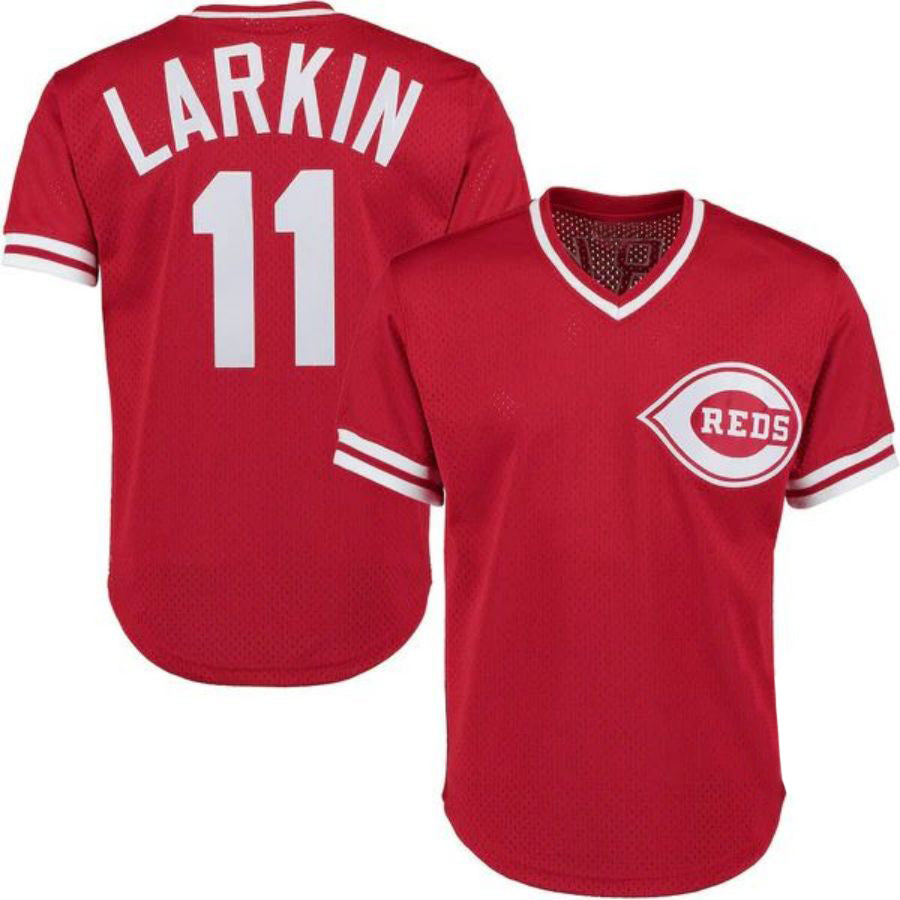 C.Reds #11 Barry Larkin Player Mitchell & Ness Red Fashion Cooperstown Collection Mesh Batting Practice Baseball Jerseys