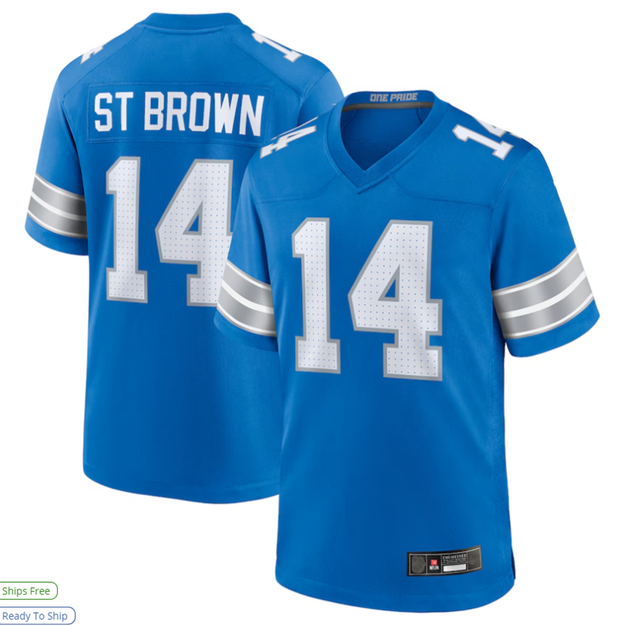 D.Lions #14 Amon-Ra St. Brown Player Blue Game Football Jerseys