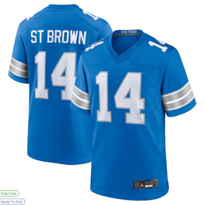 D.Lions #14 Amon-Ra St. Brown Player Blue Game Football Jerseys