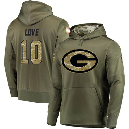 GB.Packers #10 Jordan Love Player Olive Salute to Service Pullover Hoodie Game Football Jerseys