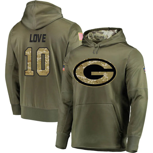GB.Packers #10 Jordan Love Player Olive Salute to Service Pullover Hoodie Game Football Jerseys