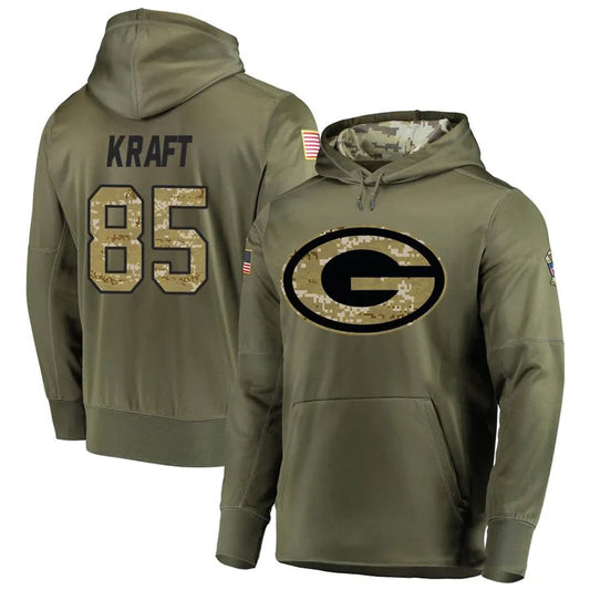 GB.Packers #85 Tucker Kraft Player Olive Salute to Service Pullover Hoodie Game Football Jerseys
