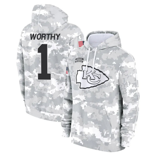 KC.Chiefs #1 Xavier Worthy Player Arctic Camo Salute to Service Hoodies Football Jerseys