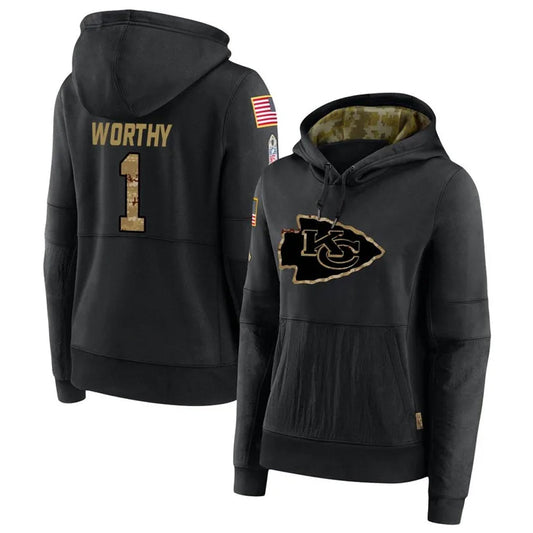 KC.Chiefs #1 Xavier Worthy Player Black Salute to Service Hoodies Football Jerseys