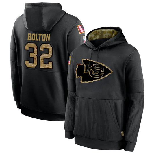 KC.Chiefs #32 Nick Bolton Player Black Salute to Service Hoodies Football Jerseys