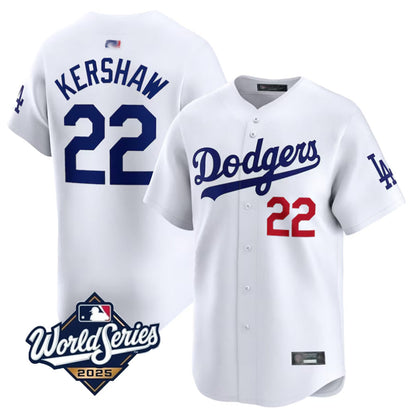 LA.Dodgers #22 Clayton Kershaw Player 2025 World Series White Home Game Baseball Jerseys