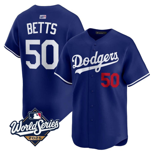 LA.Dodgers #50 Mookie Betts Player 2025 World Series Royal Home Game Baseball Jerseys