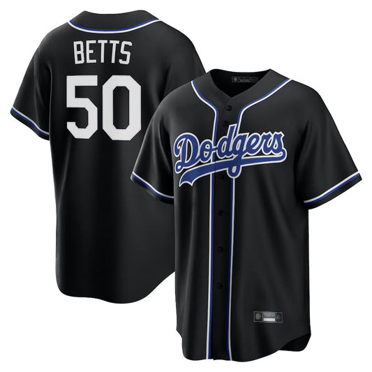 LA.Dodgers #50 Mookie Betts Player Black Lights Out Replica Baseball Jerseys