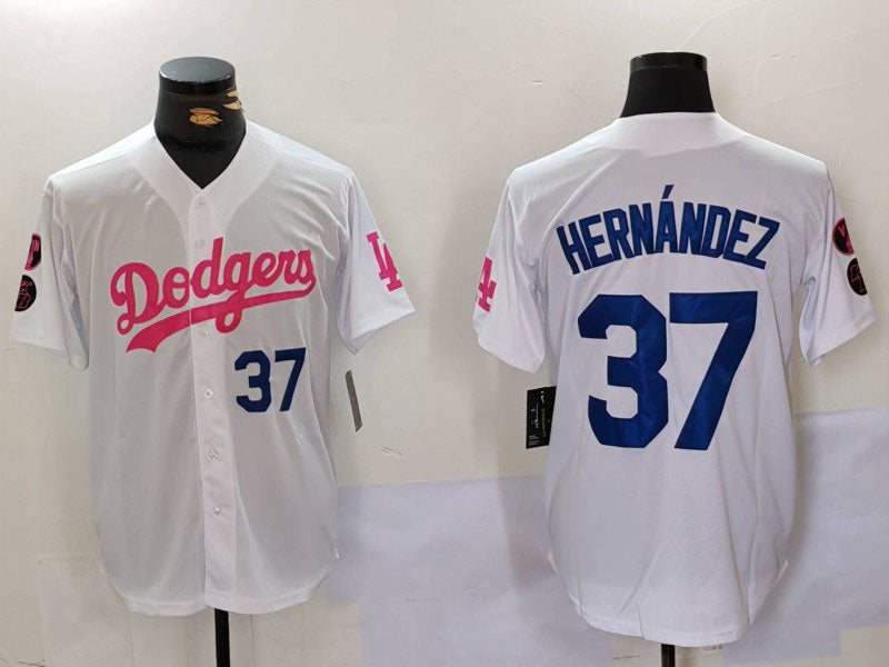 LA.Dodgers #37 Teoscar Hern¡§¡éndez White Pink Stitched Baseball Jerseys Player Game Jersey