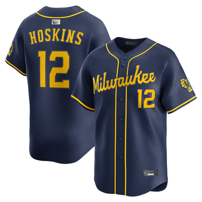 M.Brewers #12 Rhys Hoskins Player Navy Home Limited Baseball Jerseys