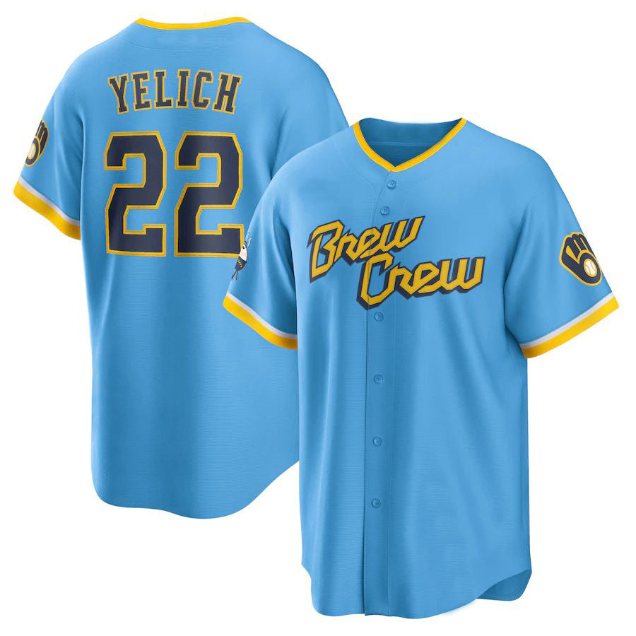 M.Brewers #22 Christian Yelich Player Powder Blue City Connect Replica Baseball Jerseys