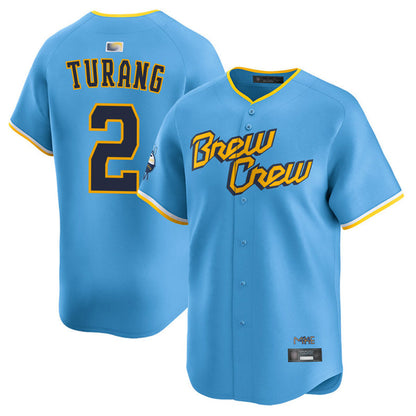 M.Brewers #2 Brice Turang Player Light Blue City Connect Limited Baseball Jerseys