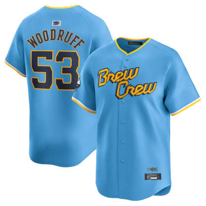 M.Brewers #53 Brandon Woodruff Player Powder Blue City Connect Limited Baseball Jerseys