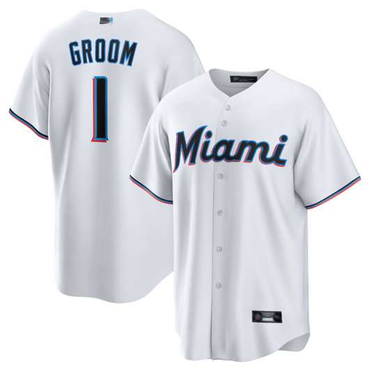 M.Marlins White #1 Groom Player Home Replica Baseball Jerseys