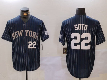 NY.Yankees #22 Juan Soto Navy Pinstripe Fashion Cool Base Baseball Jerseys Player Jersey