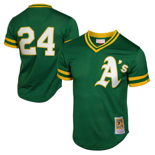 Athletics #24 Rickey Henderson Player Green 1991 Cooperstown Mesh Batting Practice Baseball Jerseys