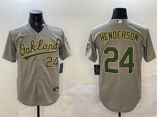 Athletics #24 Rickey Henderson Player Game Jersey Gray With Patch Stitched Baseball Jerseys