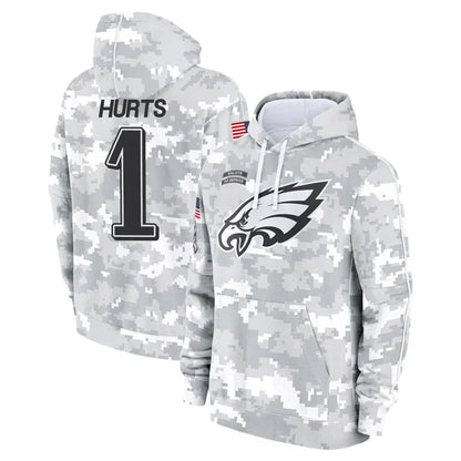 P.Eagles #1 Jalen Hurts Player Military Hoodie Arctic Camo Salute To Service Football Jerseys