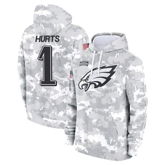 P.Eagles #1 Jalen Hurts Player Military Hoodie Arctic Camo Salute To Service Football Jerseys