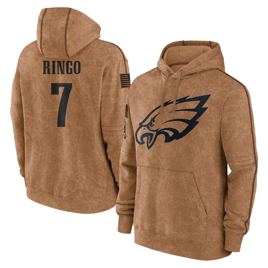 P.Eagles #7 Kelee Ringo Player Military Hoodie Brown Salute To Service Football Jerseys