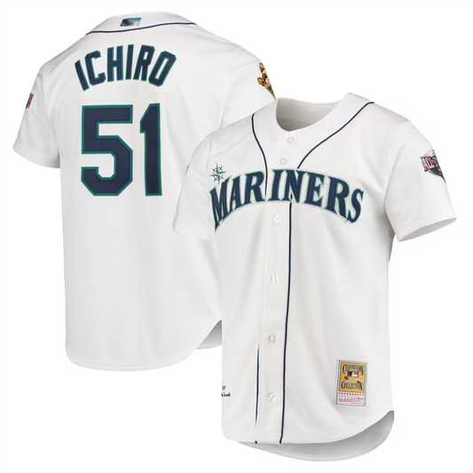 S.Mariners #51 Ichiro Suzuki Player Mitchell & Ness White 2001 All-Star Game Cooperstown Collection Baseball Jerseys